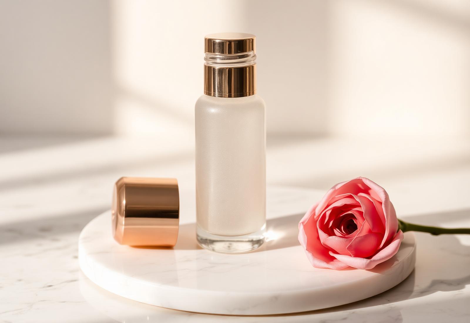 Frosted peptide serum vial with rose gold cap beside a pink rose